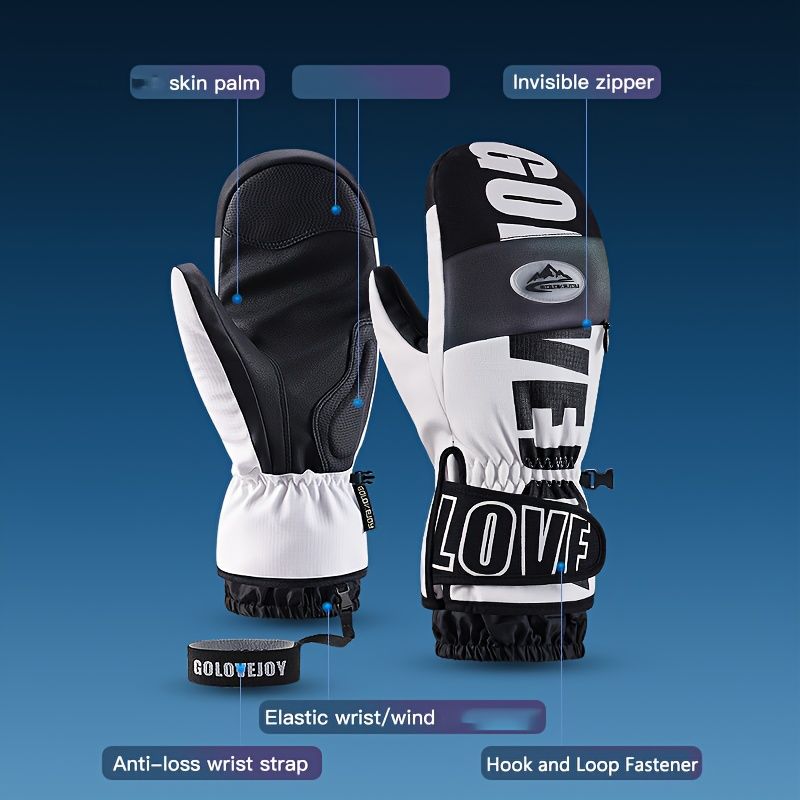 Winter Ski Mittens Waterproof & Windproof for Outdoor Snow Sports, with Touchscreen Compatibility, Fleece Lining, Anti-Slip Palm, Adjustable Wrist Strap, and Detachable Leash for Men and Women (M, White)
