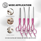Professional Pet Grooming Scissors Set for Dogs & Cats – Includes Straight, Curved, Thinning Shears, Nail Clippers, and Comb in a Stylish Pink Case for Home Grooming and Salon-Quality Trimming