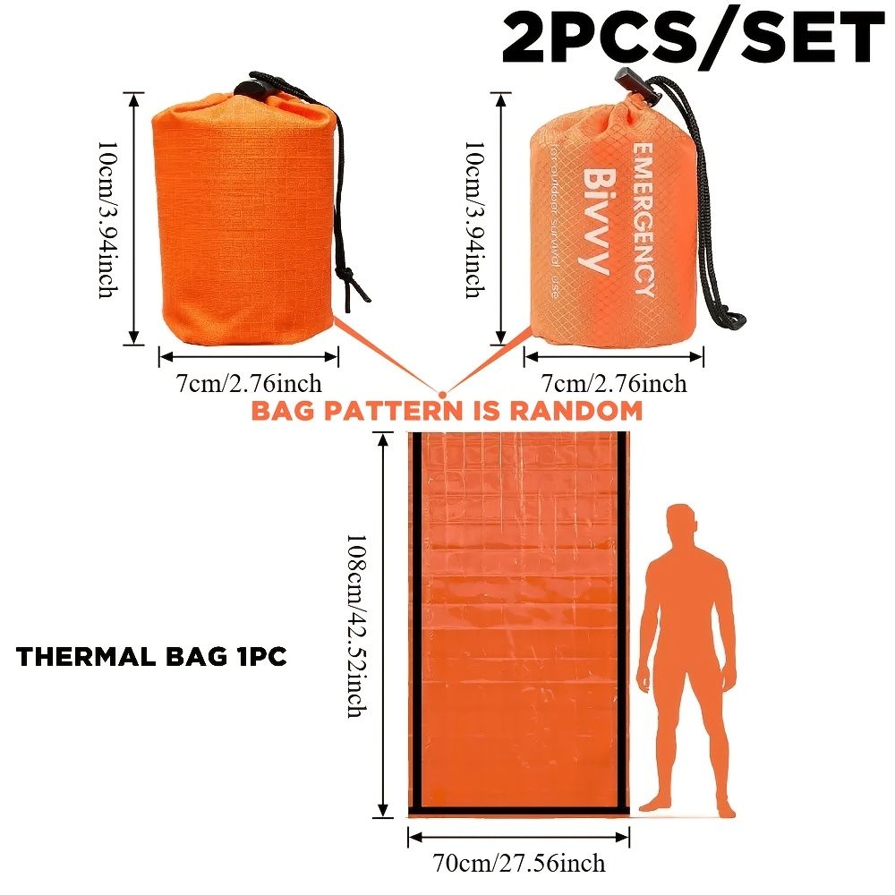 2-Piece Emergency Thermal Sleeping Bag Set – Waterproof, Windproof, and Reflective Survival Blanket with Drawstring Carry Pouch, Compact and Reusable for Camping, Hiking, and Car Emergency Use (Green)