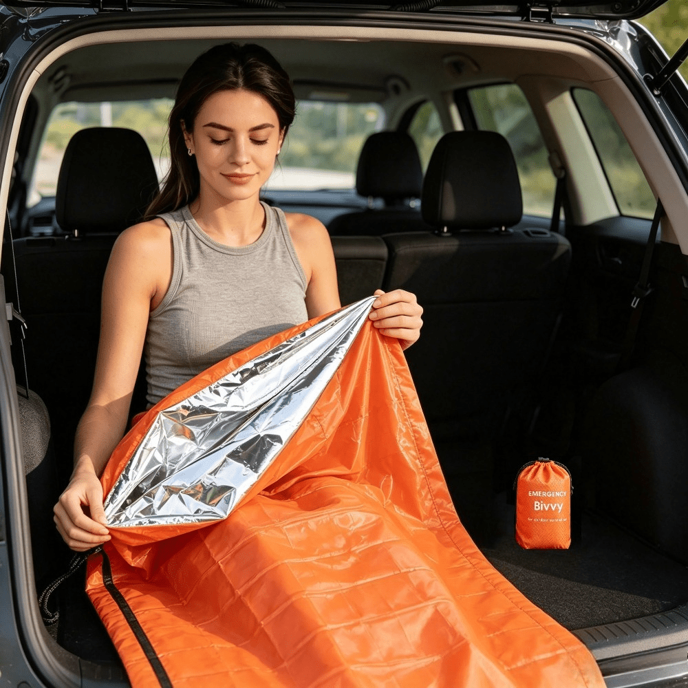2-Piece Emergency Thermal Sleeping Bag Set – Waterproof, Windproof, and Reflective Survival Blanket with Drawstring Carry Pouch, Compact and Reusable for Camping, Hiking, and Car Emergency Use (Orange)