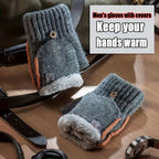 Men's Thick Knitted Flip-Top Gloves with Plush Lining, Convertible Design for Touchscreen Use, Winter Warmth for Outdoor Activities and Daily Commute (Black)