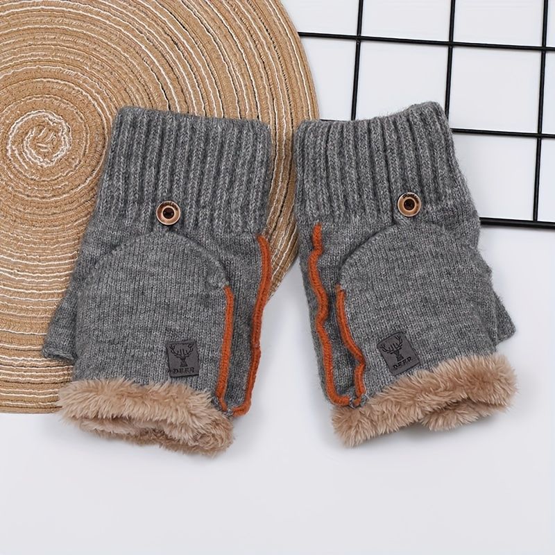 Men's Thick Knitted Flip-Top Gloves with Plush Lining, Convertible Design for Touchscreen Use, Winter Warmth for Outdoor Activities and Daily Commute (Black)
