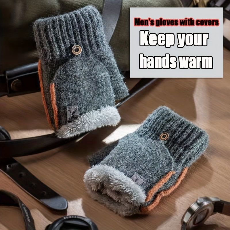 Men's Thick Knitted Flip-Top Gloves with Plush Lining, Convertible Design for Touchscreen Use, Winter Warmth for Outdoor Activities and Daily Commute (Darkgray)