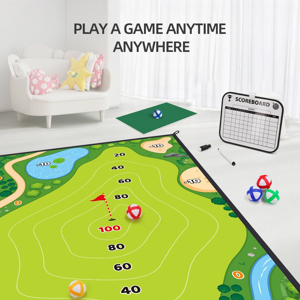3-in-1 Kids Golf Putting & Tossing Game Set for Indoor/Outdoor Family Fun – Includes Stainless Steel Putter, Cloth Mat, Soft Balls, Beanbags, and Rings for Interactive Play (A)