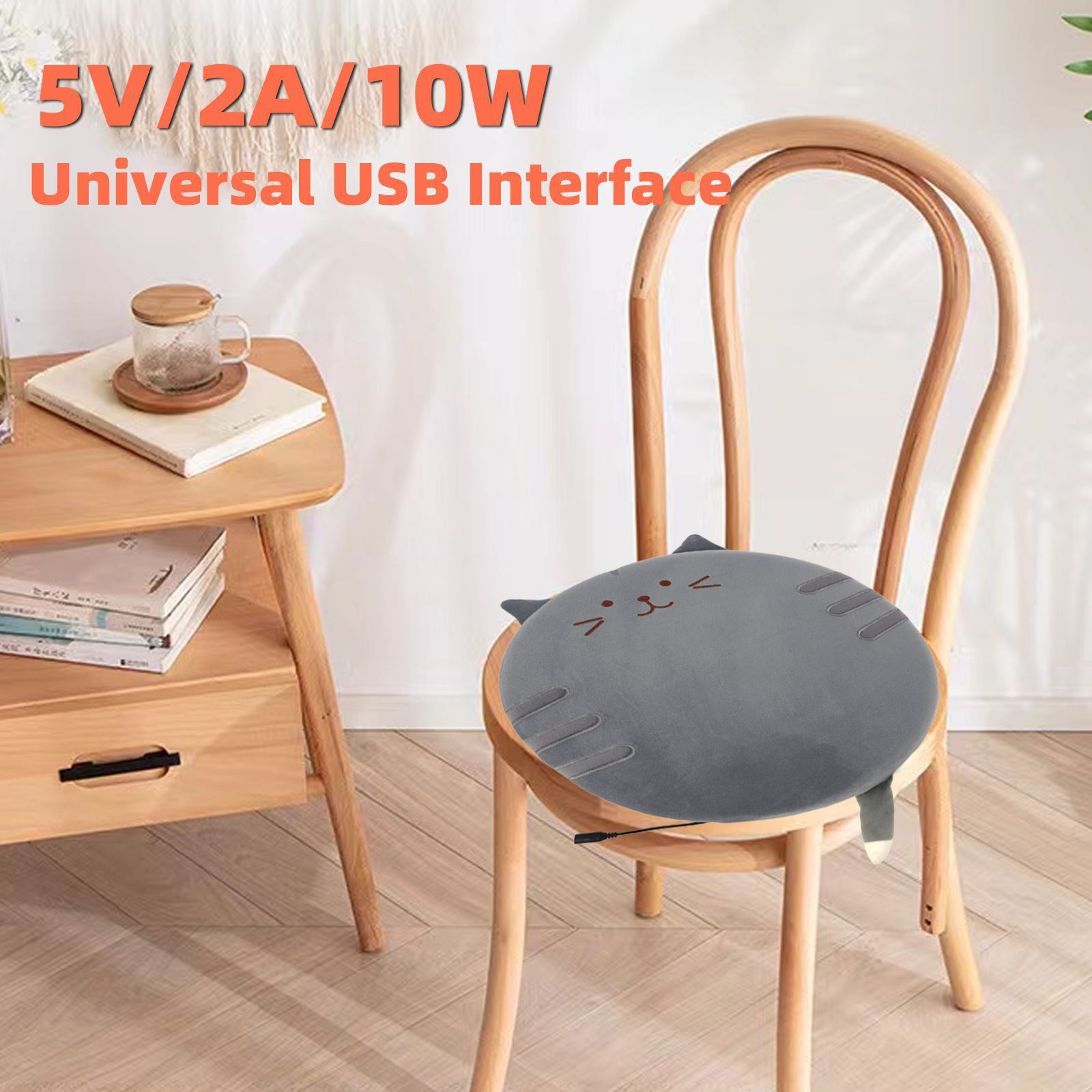 New Winter USB Heated Seat Cushion, Round Cartoon Pad for Office and Outdoor Use, Constant Temperature, Cute Cat, Bear, Dinosaur or Owl Design, Powered by USB (Grey Cat)