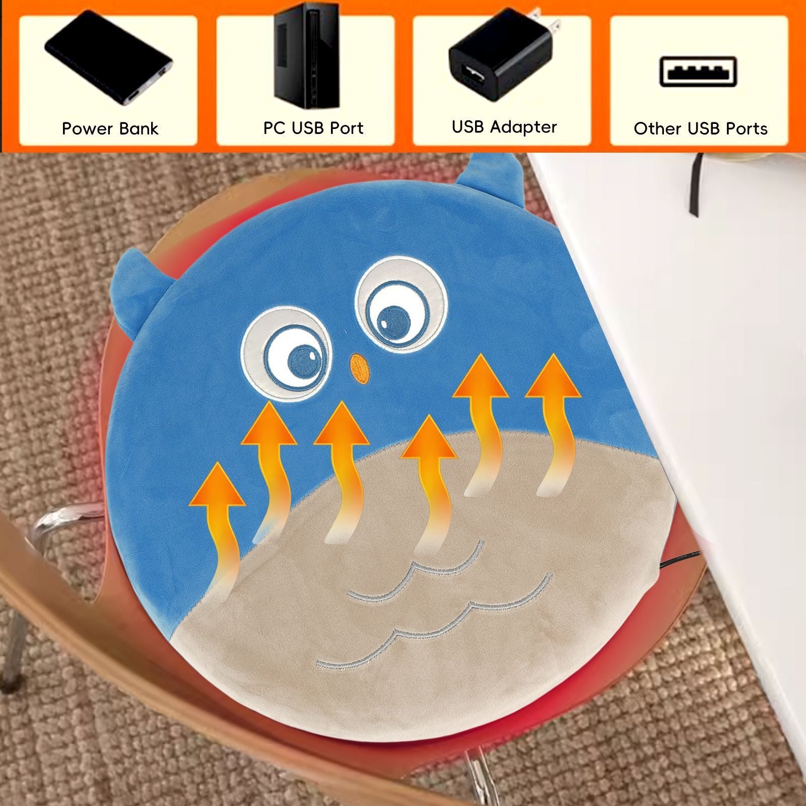 New Winter USB Heated Seat Cushion, Round Cartoon Pad for Office and Outdoor Use, Constant Temperature, Cute Cat, Bear, Dinosaur or Owl Design, Powered by USB (Grey Cat)