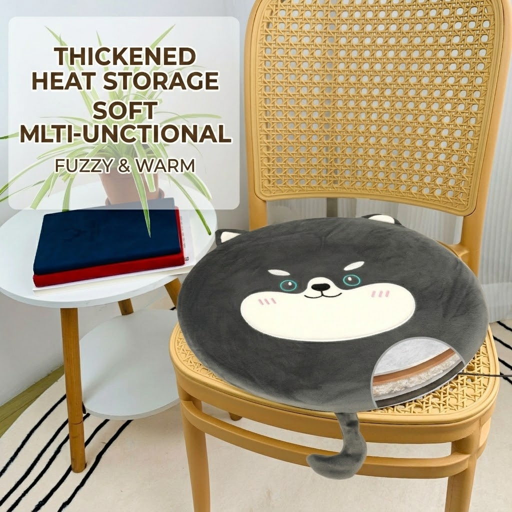 New Winter USB Heated Seat Cushion, Round Cartoon Pad for Office and Outdoor Use, Constant Temperature, Cute Cat, Bear, Dinosaur or Owl Design, Powered by USB (Grey Cat)