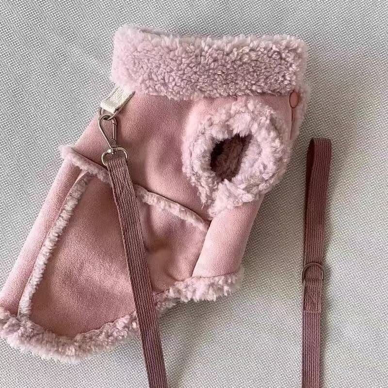 Cozy Pet Winter Vest with Leash Loop: Faux Suede & Plush Fleece Warm Coat for Small Dogs, Cats, and Puppies – Perfect for Autumn, Winter Walks, and Indoor Comfort (S, Pink)(Leash not included)