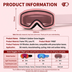 Kids Snow Goggles with Dual Layer Anti-Fog Cylindrical Lenses, TPU Frame and Adjustable Strap for Skiing, Snowboarding, Cycling and Outdoor Mountaineering (Pink)