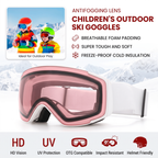 Kids Snow Goggles with Dual Layer Anti-Fog Cylindrical Lenses, TPU Frame and Adjustable Strap for Skiing, Snowboarding, Cycling and Outdoor Mountaineering (Red)