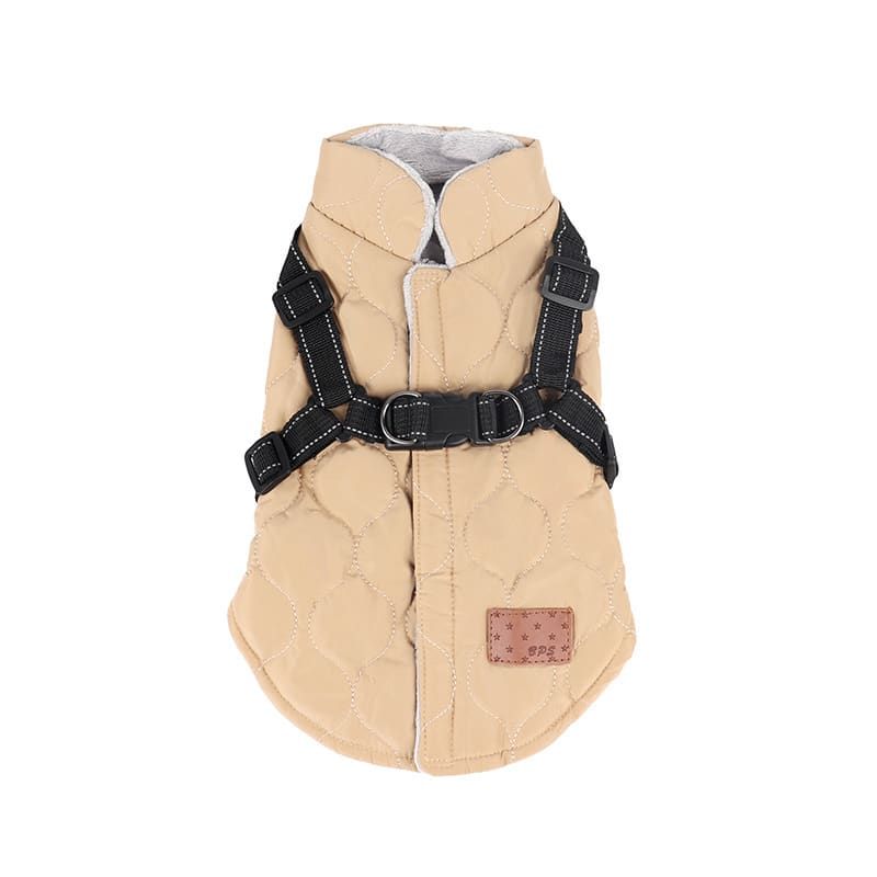 Premium Winter Dog Coat with Built-in Harness, Water-Resistant Puffer Vest for Small & Medium Breeds, Reflective Safety Straps, and Fleece Lining for Warmth and Outdoor Adventures (S, Beige)