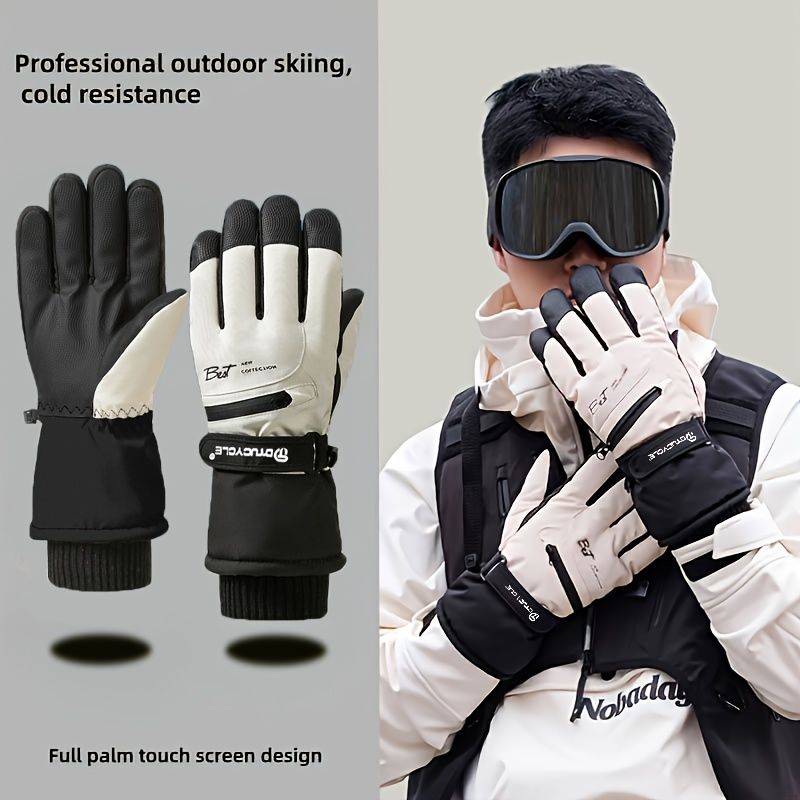 Winter Full-Finger Touchscreen Thermal Gloves for Skiing, Hiking, Cycling, and Outdoor Activities – Unisex Waterproof, Windproof, and Warm Design with Anti-Slip Grip and Adjustable Wrist Strap (White)