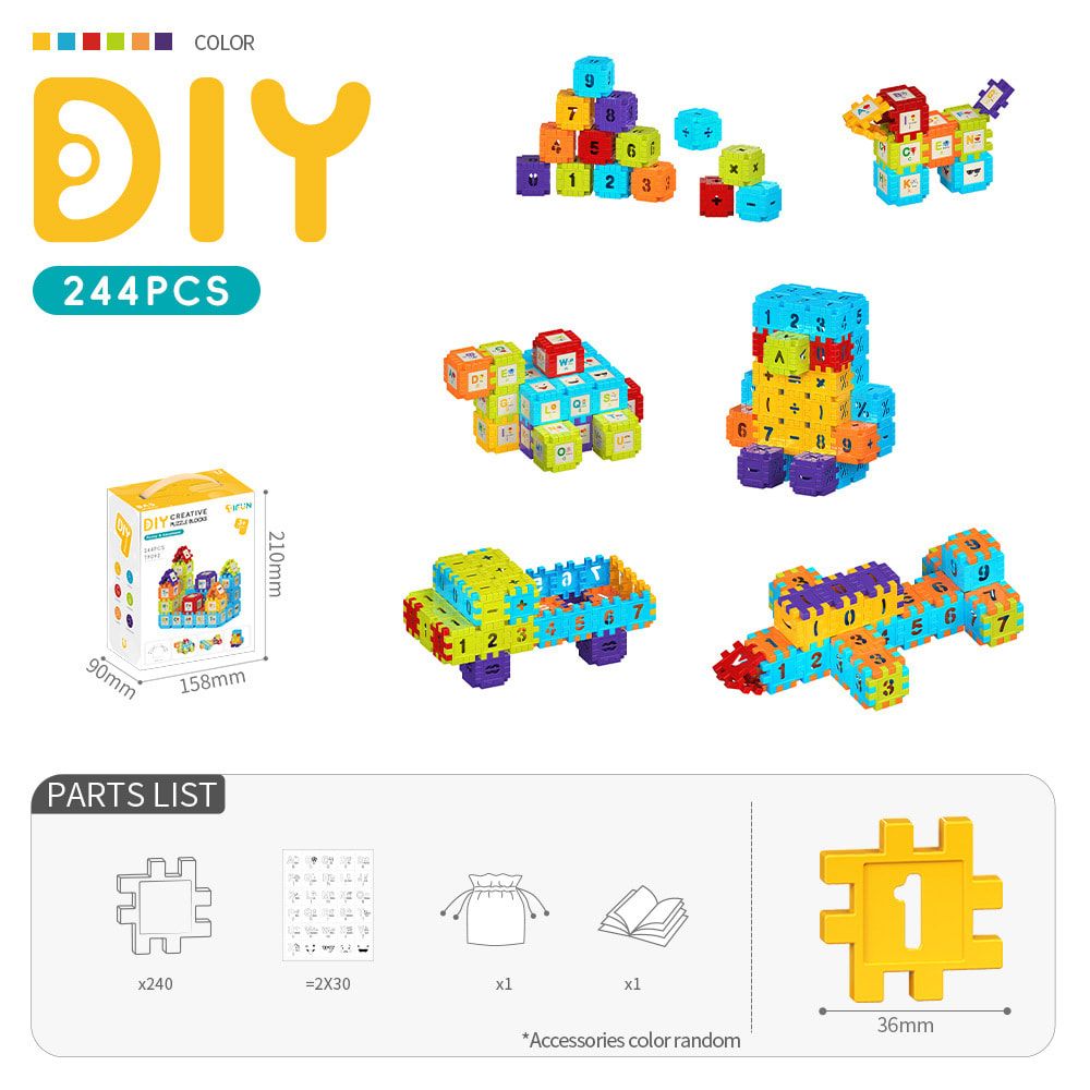 Creative DIY Puzzle Building Blocks Set for Kids Ages 3+ – Colorful Snap-Together Squares for Early Learning, Alphabet & Number Recognition, and Fun 3D Shape Construction at Home (727PCS)