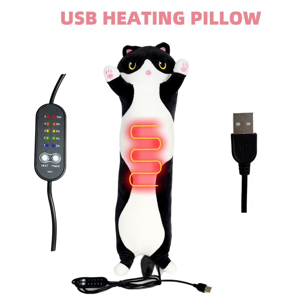 USB-Powered Cartoon Cat Heating Pad, Plush Kitten Warm Pillow for Waist, Neck, Shoulder Relief, Cute Black-and-White Cow Cat Design with Adjustable Temperature and Timer