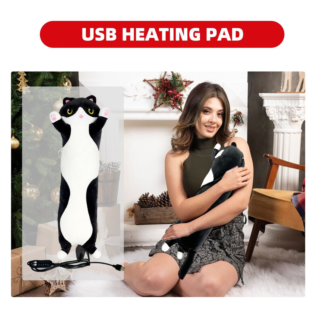 USB-Powered Cartoon Cat Heating Pad, Plush Kitten Warm Pillow for Waist, Neck, Shoulder Relief, Cute Black-and-White Cow Cat Design with Adjustable Temperature and Timer