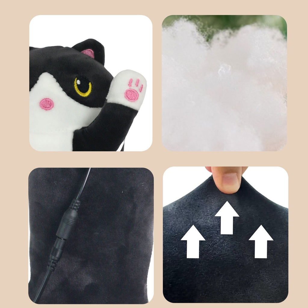 USB-Powered Cartoon Cat Heating Pad, Plush Kitten Warm Pillow for Waist, Neck, Shoulder Relief, Cute Black-and-White Cow Cat Design with Adjustable Temperature and Timer