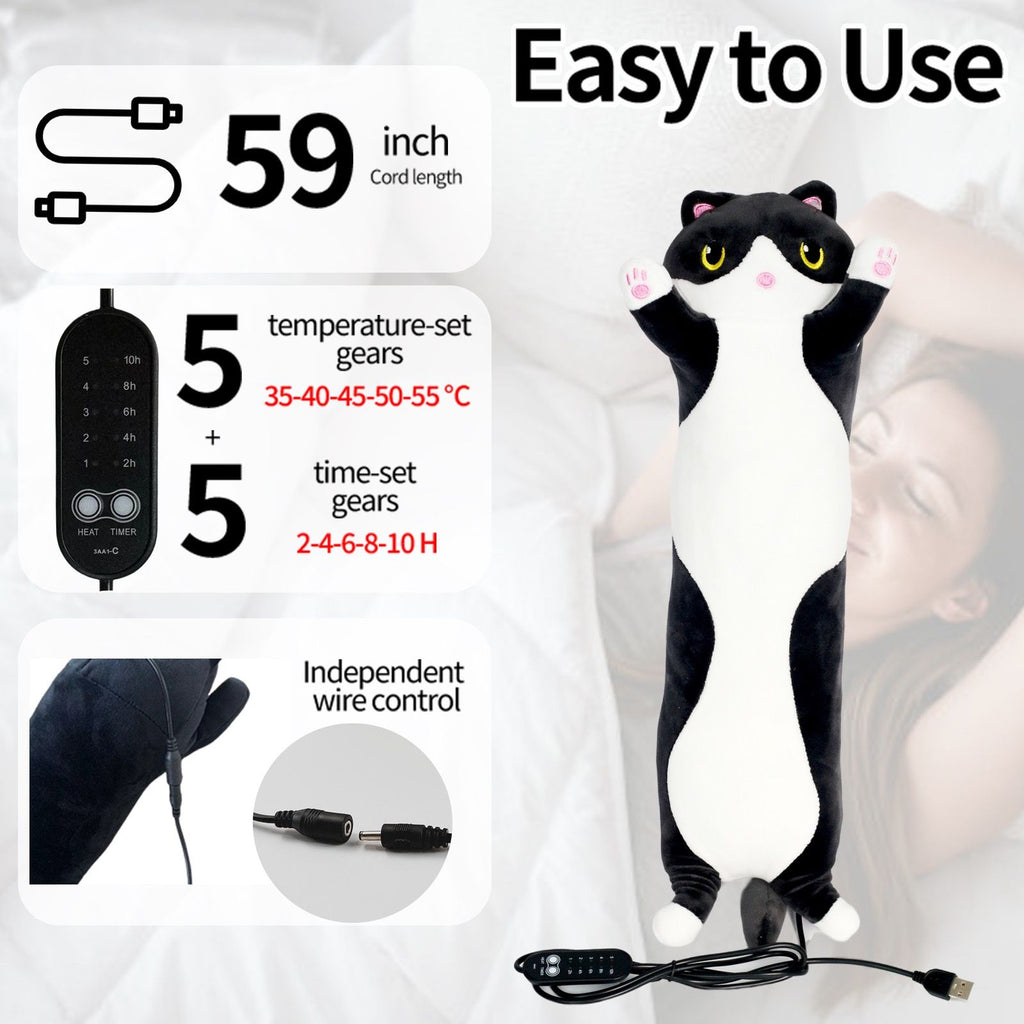 USB-Powered Cartoon Cat Heating Pad, Plush Kitten Warm Pillow for Waist, Neck, Shoulder Relief, Cute Black-and-White Cow Cat Design with Adjustable Temperature and Timer
