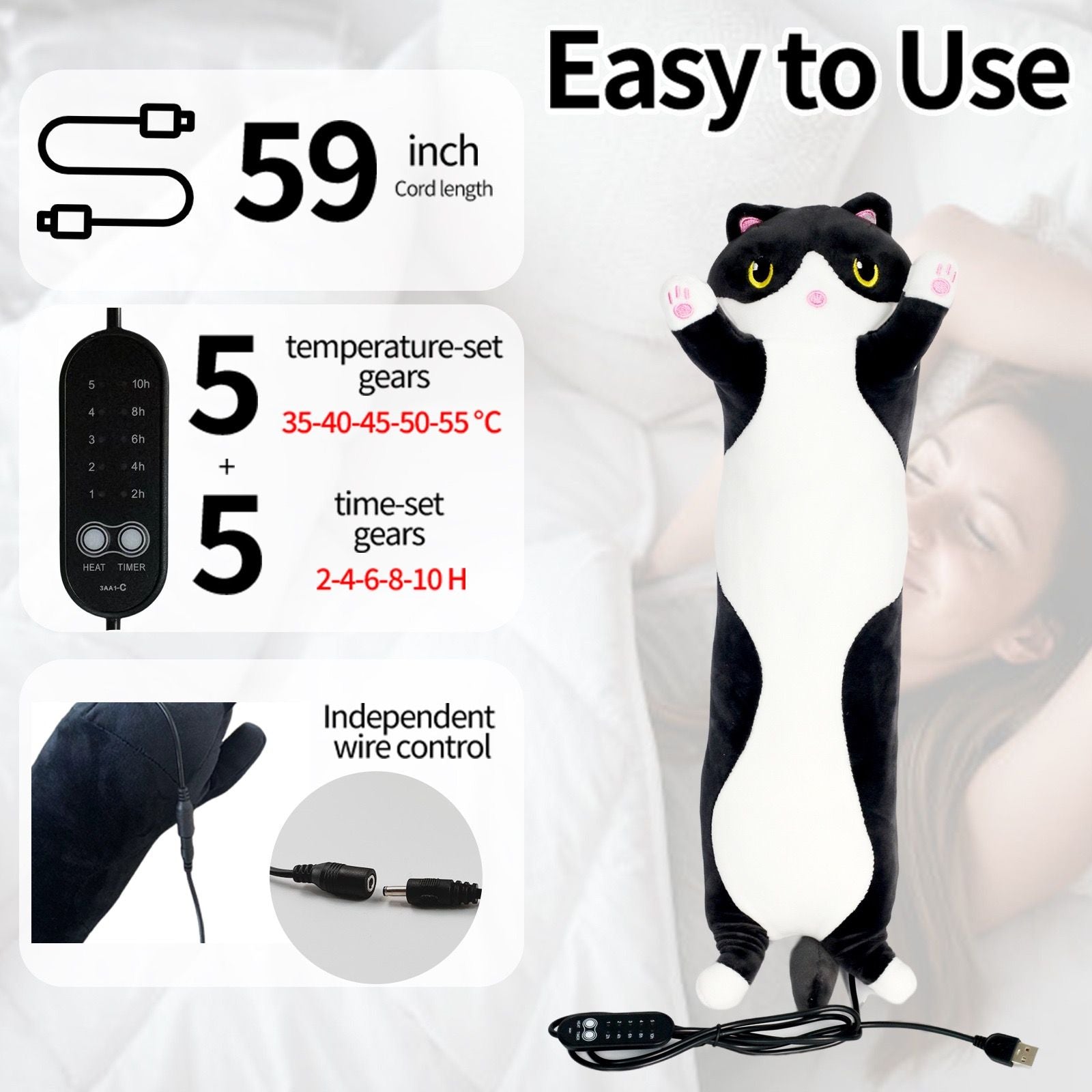 USB-Powered Cartoon Cat Heating Pad, Plush Kitten Warm Pillow for Waist, Neck, Shoulder Relief, Cute Black-and-White Cow Cat Design with Adjustable Temperature and Timer