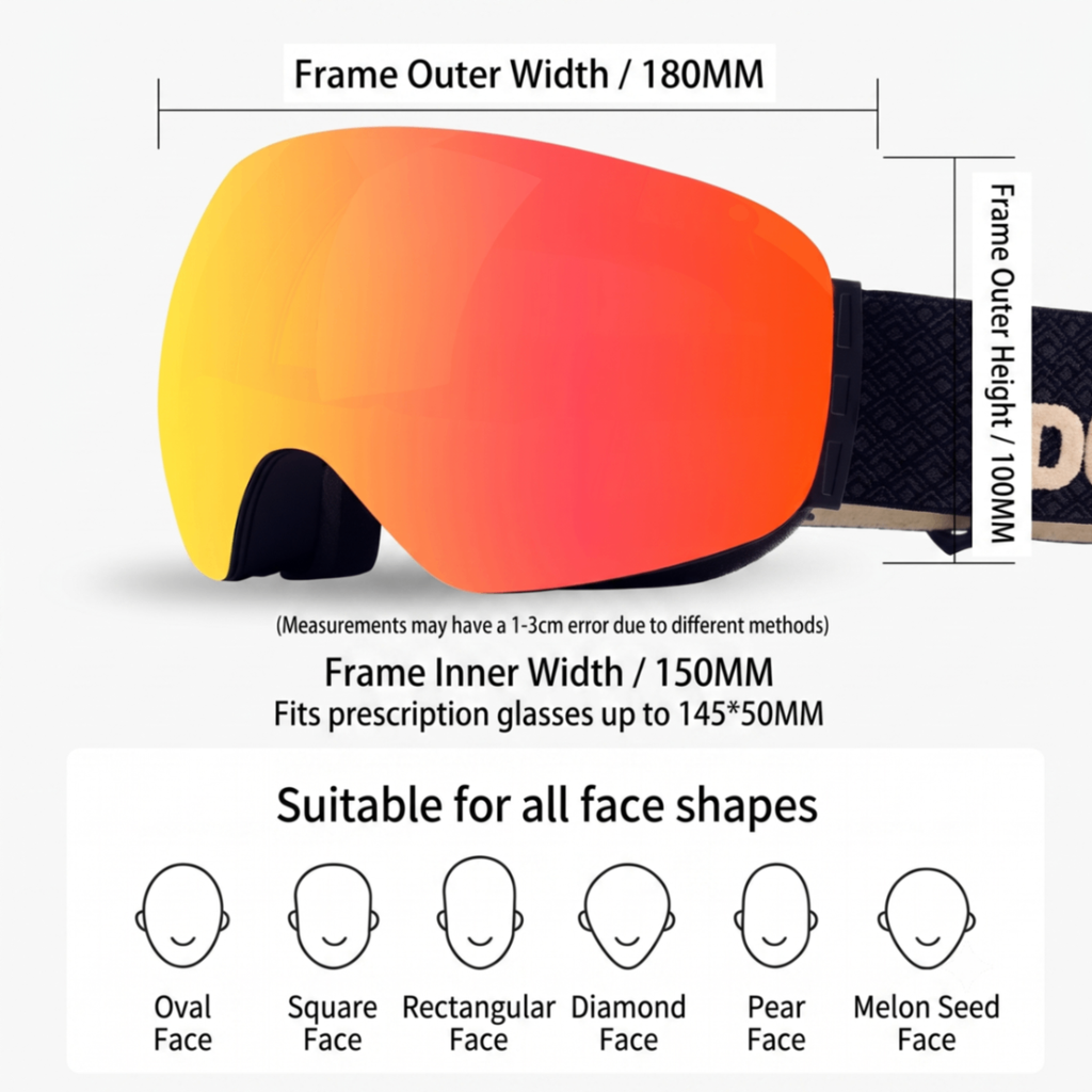 Magnetic Ski Goggles with HD Anti-Fog Spherical Lens, UV400 Protection for Snow Sports, Compatible with Eyewear, Ideal for Skiing and Mountain Climbing (K)