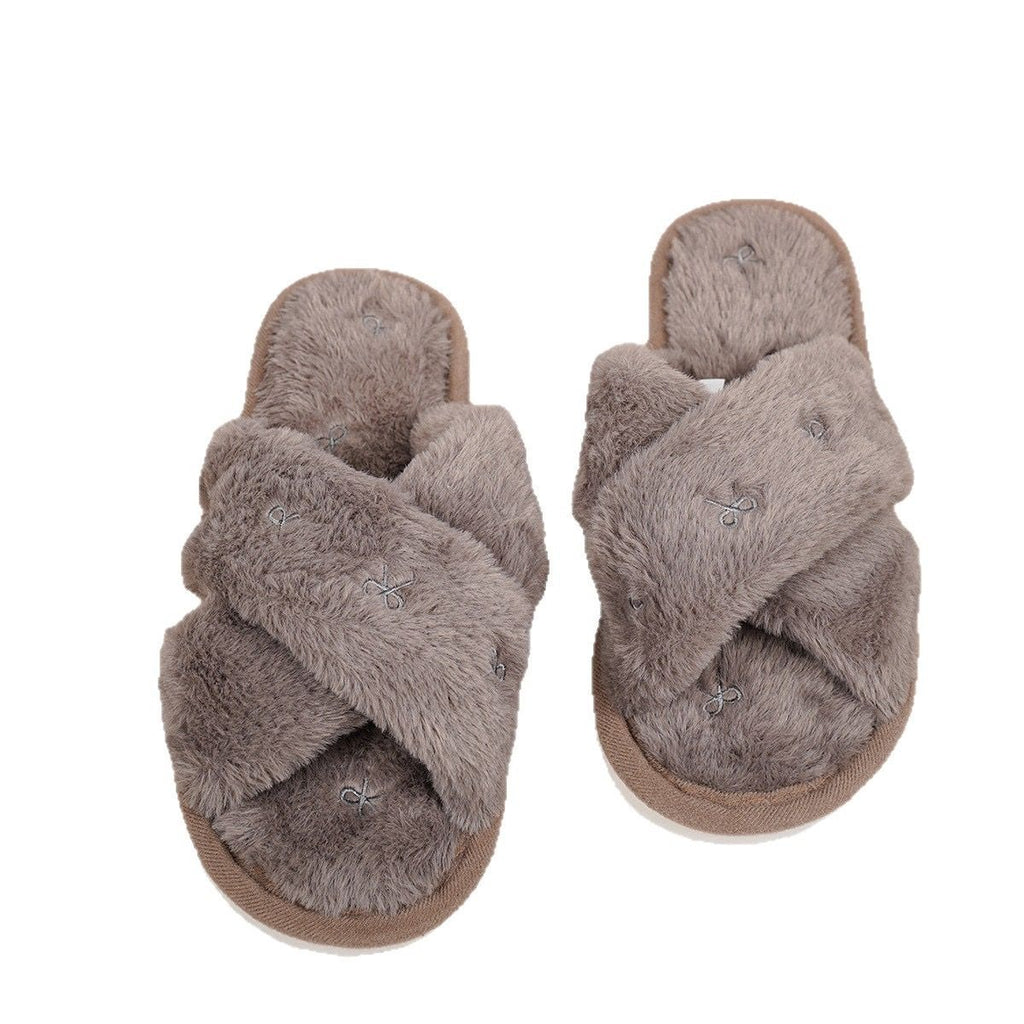 Cozy Cross-Band Plush Slippers with Embroidered Bow, Non-Slip Indoor & Outdoor Wear for Women, Soft Fleece Lining for Warmth and Comfort (L(40-41), Grey)