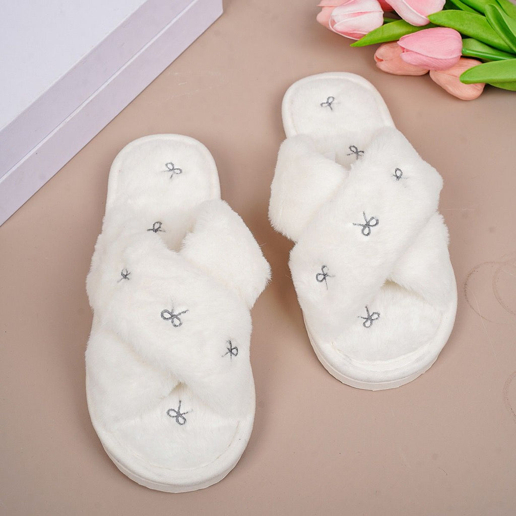 Cozy Cross-Band Plush Slippers with Embroidered Bow, Non-Slip Indoor & Outdoor Wear for Women, Soft Fleece Lining for Warmth and Comfort (L(40-41), Grey)