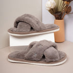 Cozy Cross-Band Plush Slippers with Embroidered Bow, Non-Slip Indoor & Outdoor Wear for Women, Soft Fleece Lining for Warmth and Comfort (M(38-39), Black)