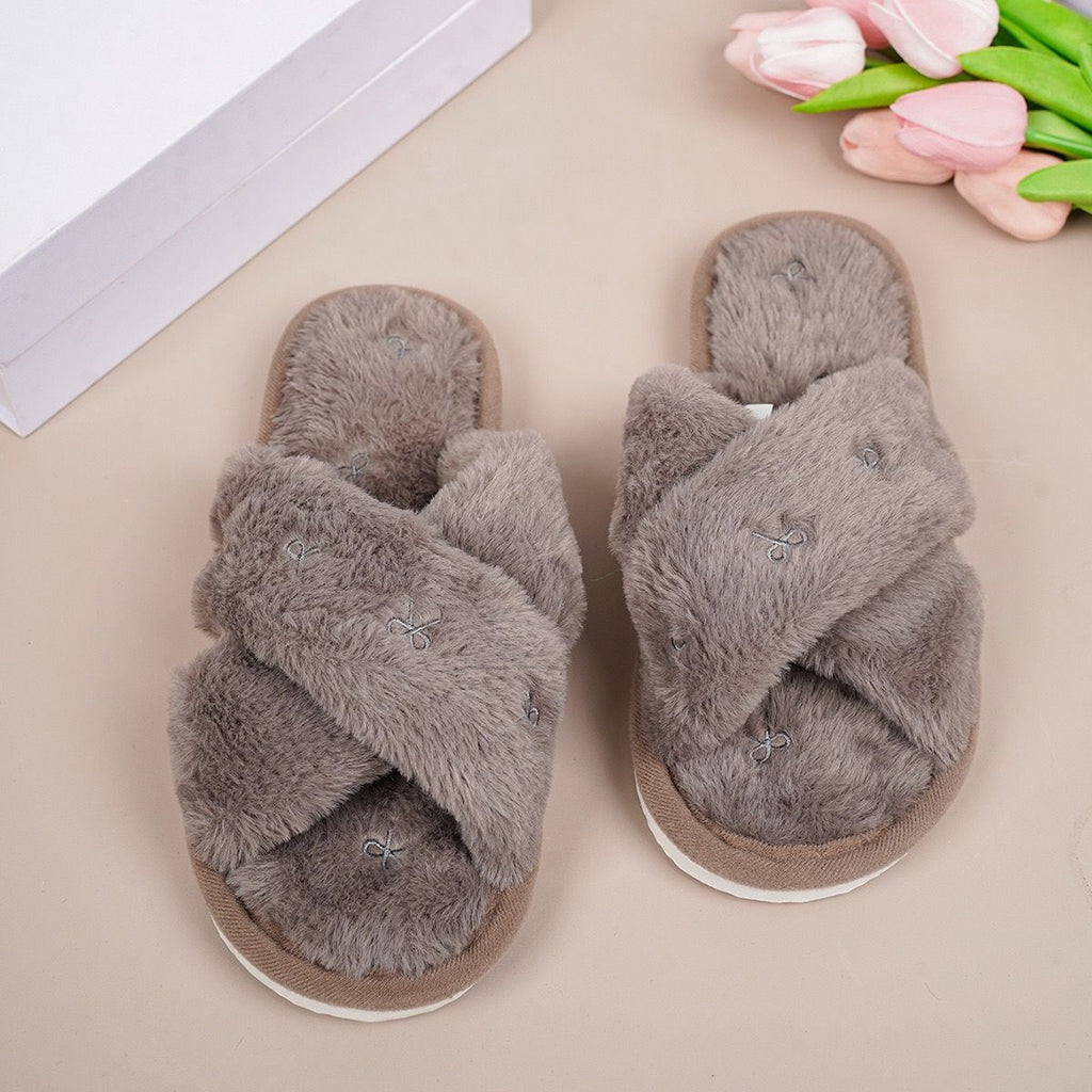 Cozy Cross-Band Plush Slippers with Embroidered Bow, Non-Slip Indoor & Outdoor Wear for Women, Soft Fleece Lining for Warmth and Comfort (M(38-39), Brown)