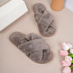 Cozy Cross-Band Plush Slippers with Embroidered Bow, Non-Slip Indoor & Outdoor Wear for Women, Soft Fleece Lining for Warmth and Comfort (M(38-39), White)
