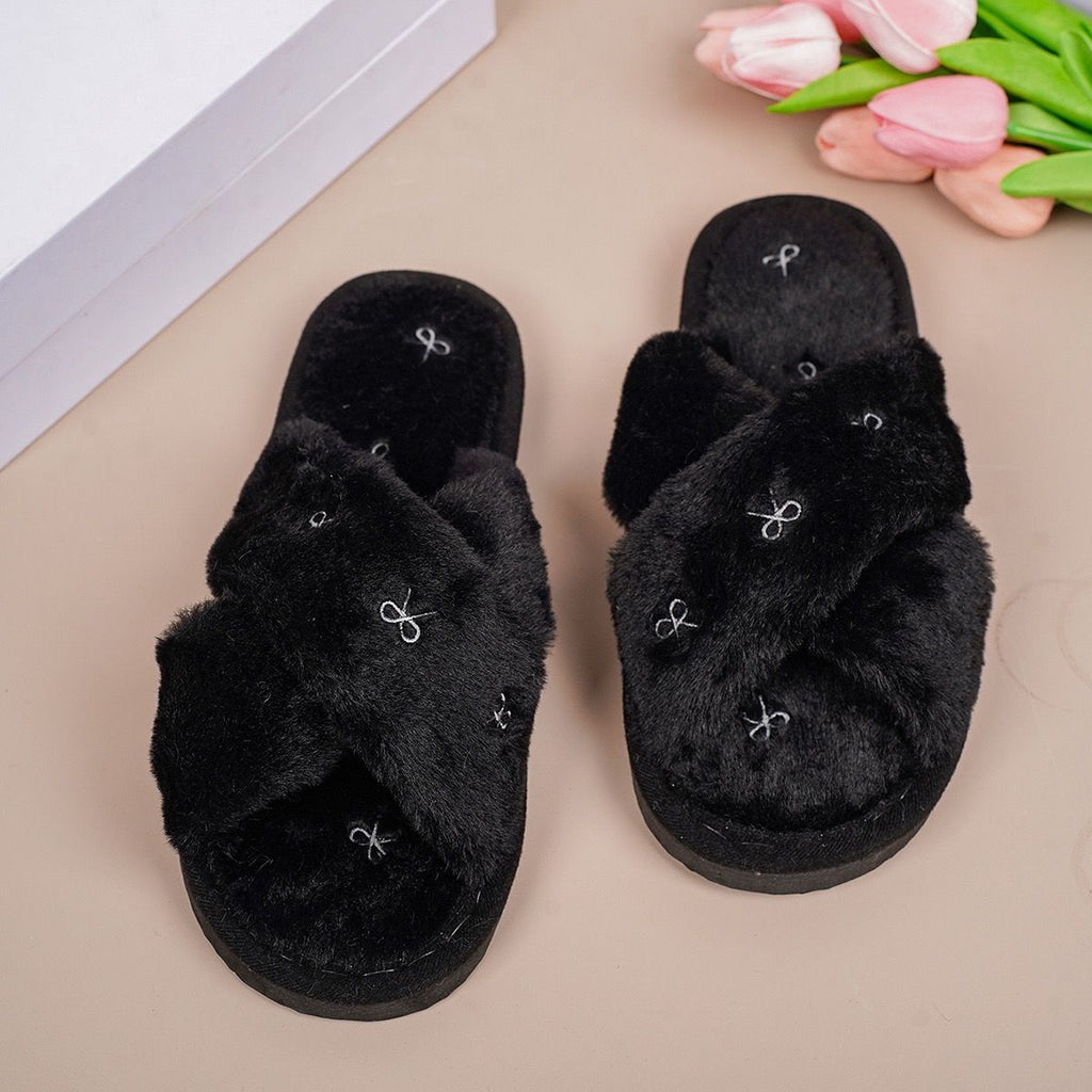 Cozy Cross-Band Plush Slippers with Embroidered Bow, Non-Slip Indoor & Outdoor Wear for Women, Soft Fleece Lining for Warmth and Comfort (S(36-37), Grey)