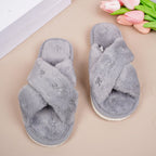 Cozy Cross-Band Plush Slippers with Embroidered Bow, Non-Slip Indoor & Outdoor Wear for Women, Soft Fleece Lining for Warmth and Comfort (S(36-37), White)