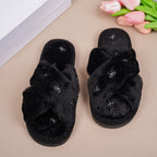 Cozy Cross-Band Plush Slippers with Embroidered Bow, Non-Slip Indoor & Outdoor Wear for Women, Soft Fleece Lining for Warmth and Comfort (XL(42-43), Brown)