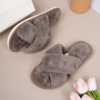 Cozy Cross-Band Plush Slippers with Embroidered Bow, Non-Slip Indoor & Outdoor Wear for Women, Soft Fleece Lining for Warmth and Comfort (XL(42-43), Grey)