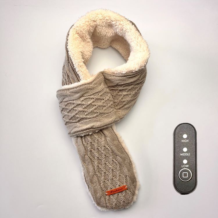 USB-Powered Heated Scarf with 3 Temperature Settings, Knitted Jacquard Design, Soft Fleece Lining, Ideal for Winter Outdoor and Home Use, Machine Washable, Power Bank Not Included (Plaid Jacquard, Dark Grey)