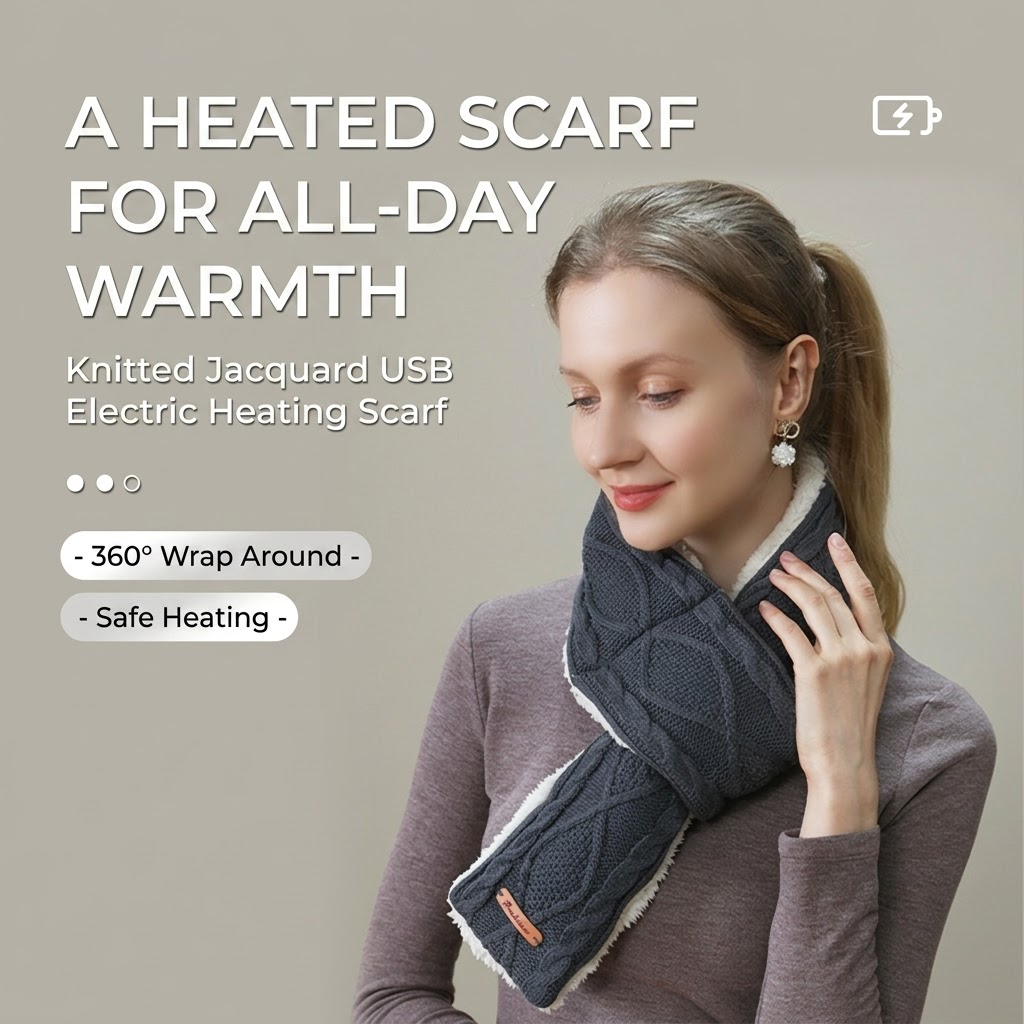 USB-Powered Heated Scarf with 3 Temperature Settings, Knitted Jacquard Design, Soft Fleece Lining, Ideal for Winter Outdoor and Home Use, Machine Washable, Power Bank Not Included (Plaid Jacquard, Khaki)