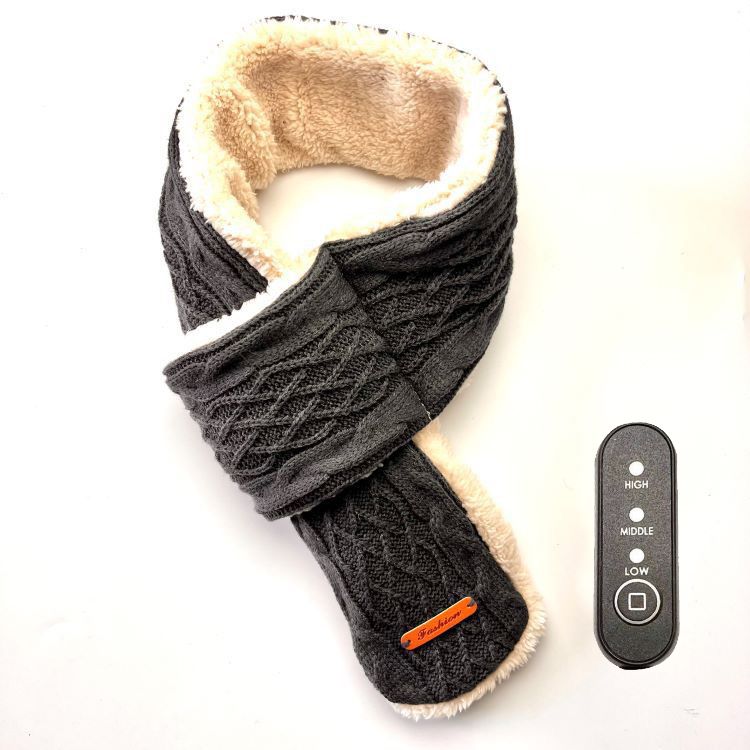 USB-Powered Heated Scarf with 3 Temperature Settings, Knitted Jacquard Design, Soft Fleece Lining, Ideal for Winter Outdoor and Home Use, Machine Washable, Power Bank Not Included (Plaid Jacquard, Khaki)