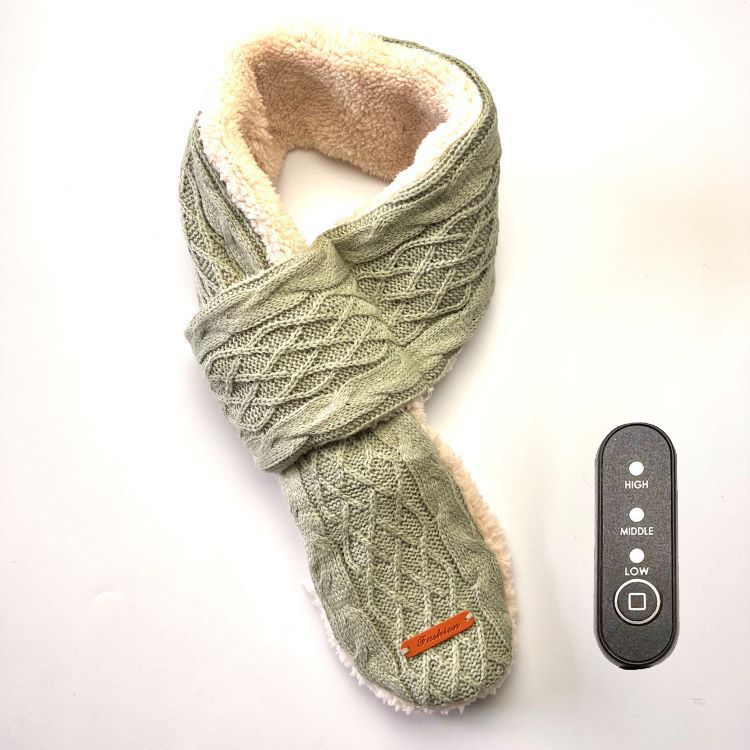 USB-Powered Heated Scarf with 3 Temperature Settings, Knitted Jacquard Design, Soft Fleece Lining, Ideal for Winter Outdoor and Home Use, Machine Washable, Power Bank Not Included (Plaid Jacquard, Khaki)