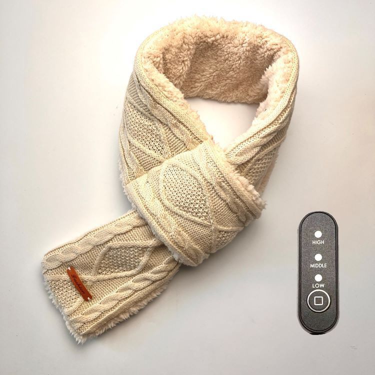 USB-Powered Heated Scarf with 3 Temperature Settings, Knitted Jacquard Design, Soft Fleece Lining, Ideal for Winter Outdoor and Home Use, Machine Washable, Power Bank Not Included (Stripe Jacquard, Khaki)