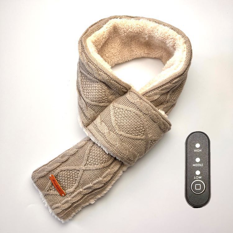 USB-Powered Heated Scarf with 3 Temperature Settings, Knitted Jacquard Design, Soft Fleece Lining, Ideal for Winter Outdoor and Home Use, Machine Washable, Power Bank Not Included (Stripe Jacquard, Light Green)