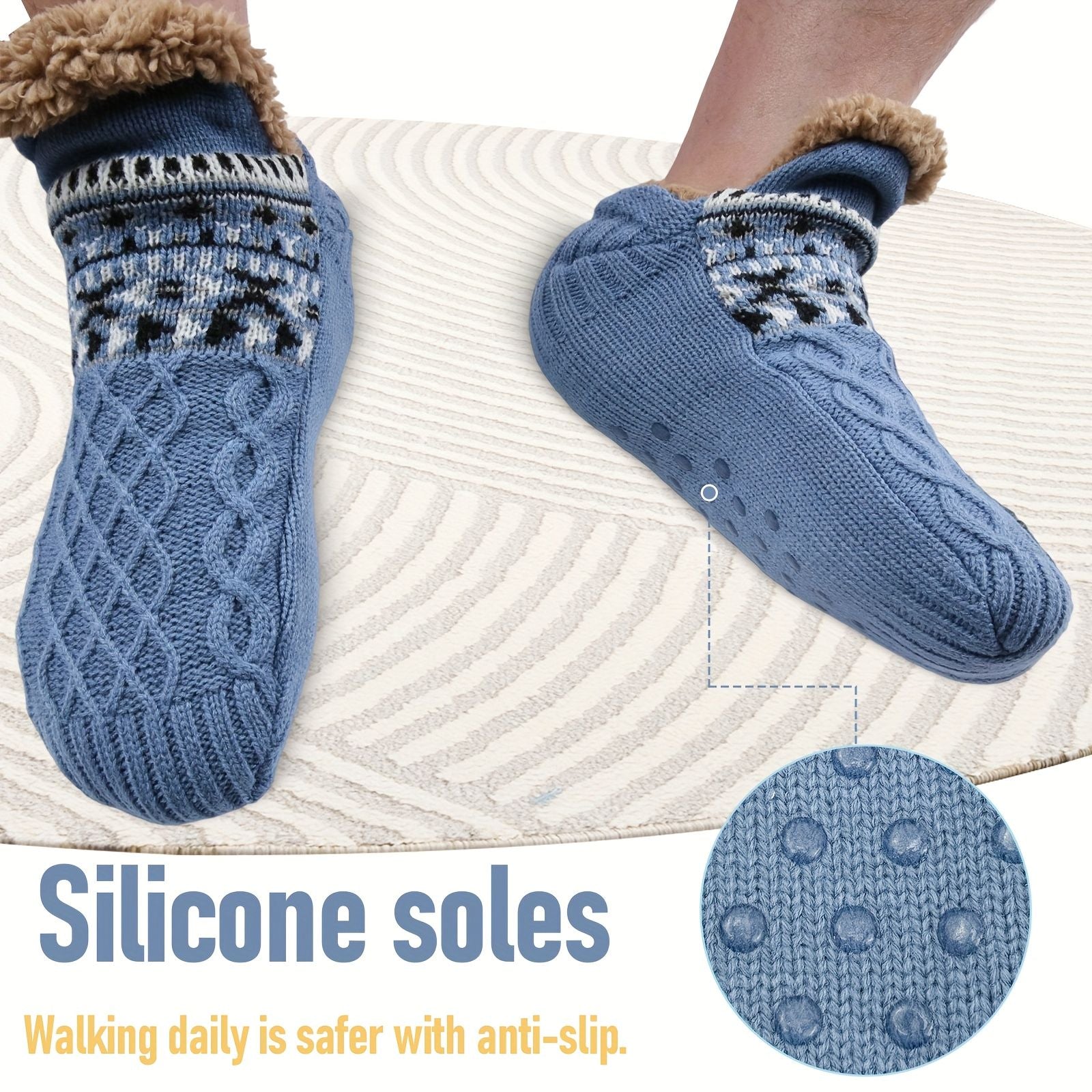 Men's Fleece-Lined Anti-Slip House Socks – Warm, Cozy, and Secure for Indoor Wear with Plush Sherpa Lining and Silicone Grip Dots (L, Red)