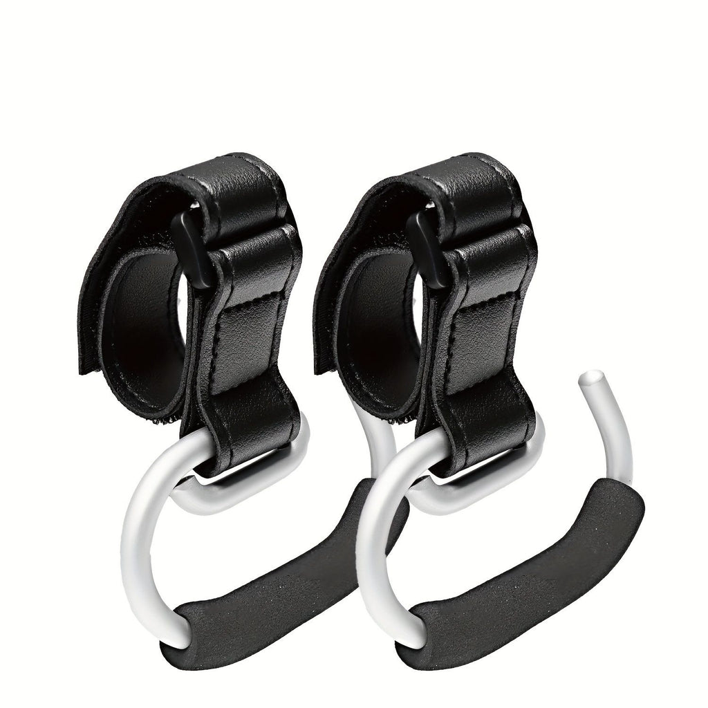 Universal Stroller Hooks with PU Leather Straps – Heavy-Duty Aluminum Baby Stroller Organizer for Hanging Bags, Purses, and Diaper Bags on Stroller Handles or Frames (2PCS（Black）)