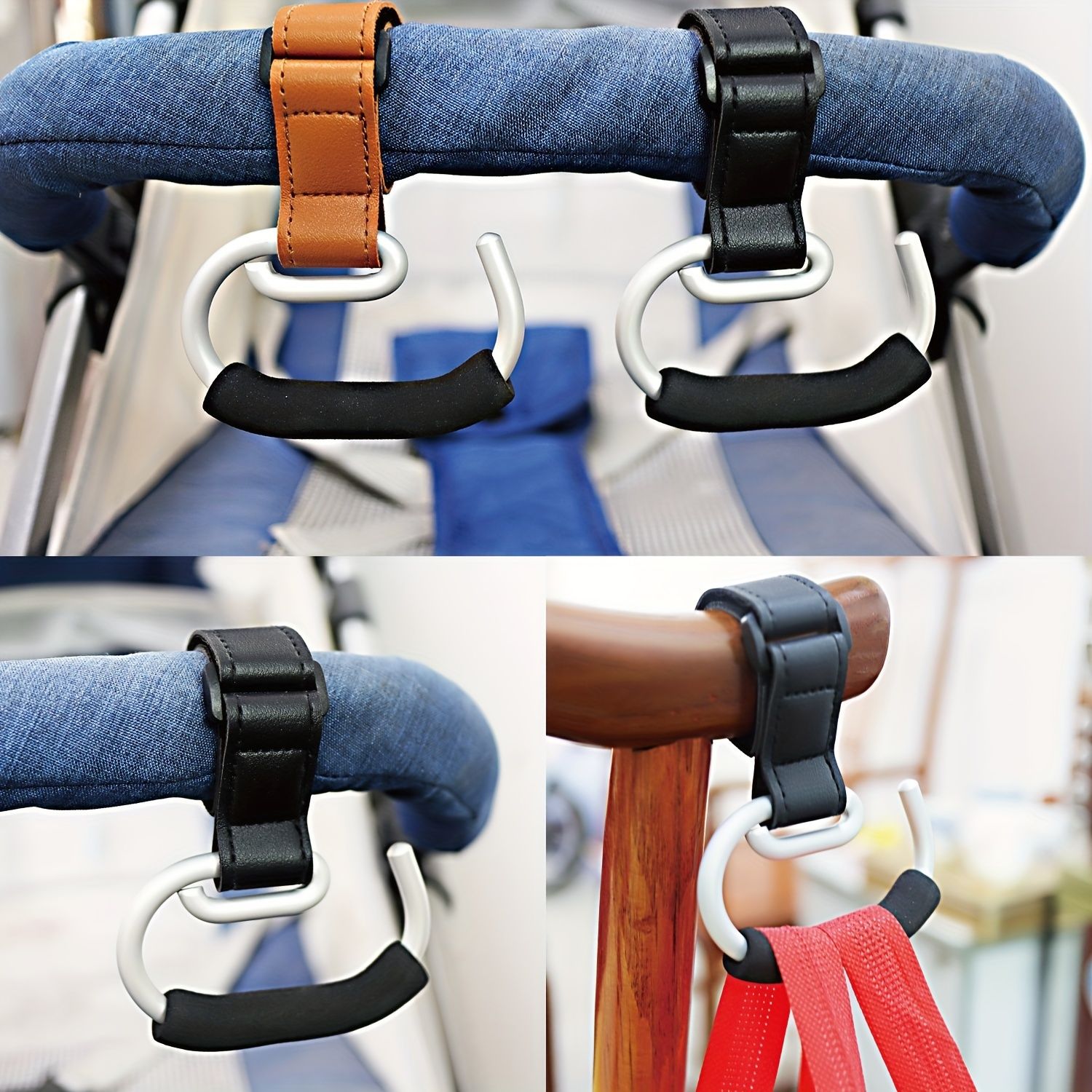 Universal Stroller Hooks with PU Leather Straps – Heavy-Duty Aluminum Baby Stroller Organizer for Hanging Bags, Purses, and Diaper Bags on Stroller Handles or Frames (2PCS（Black）)