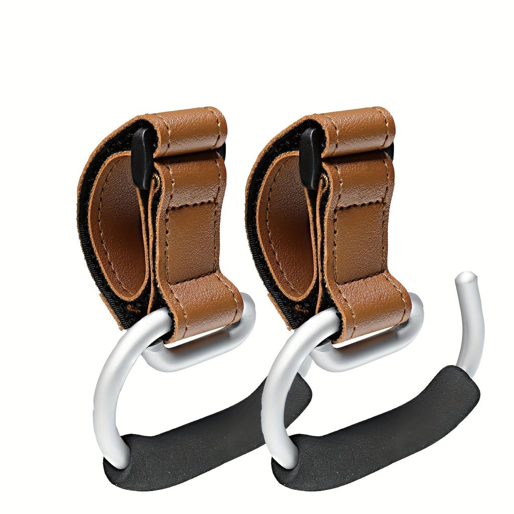 Universal Stroller Hooks with PU Leather Straps – Heavy-Duty Aluminum Baby Stroller Organizer for Hanging Bags, Purses, and Diaper Bags on Stroller Handles or Frames (Black)