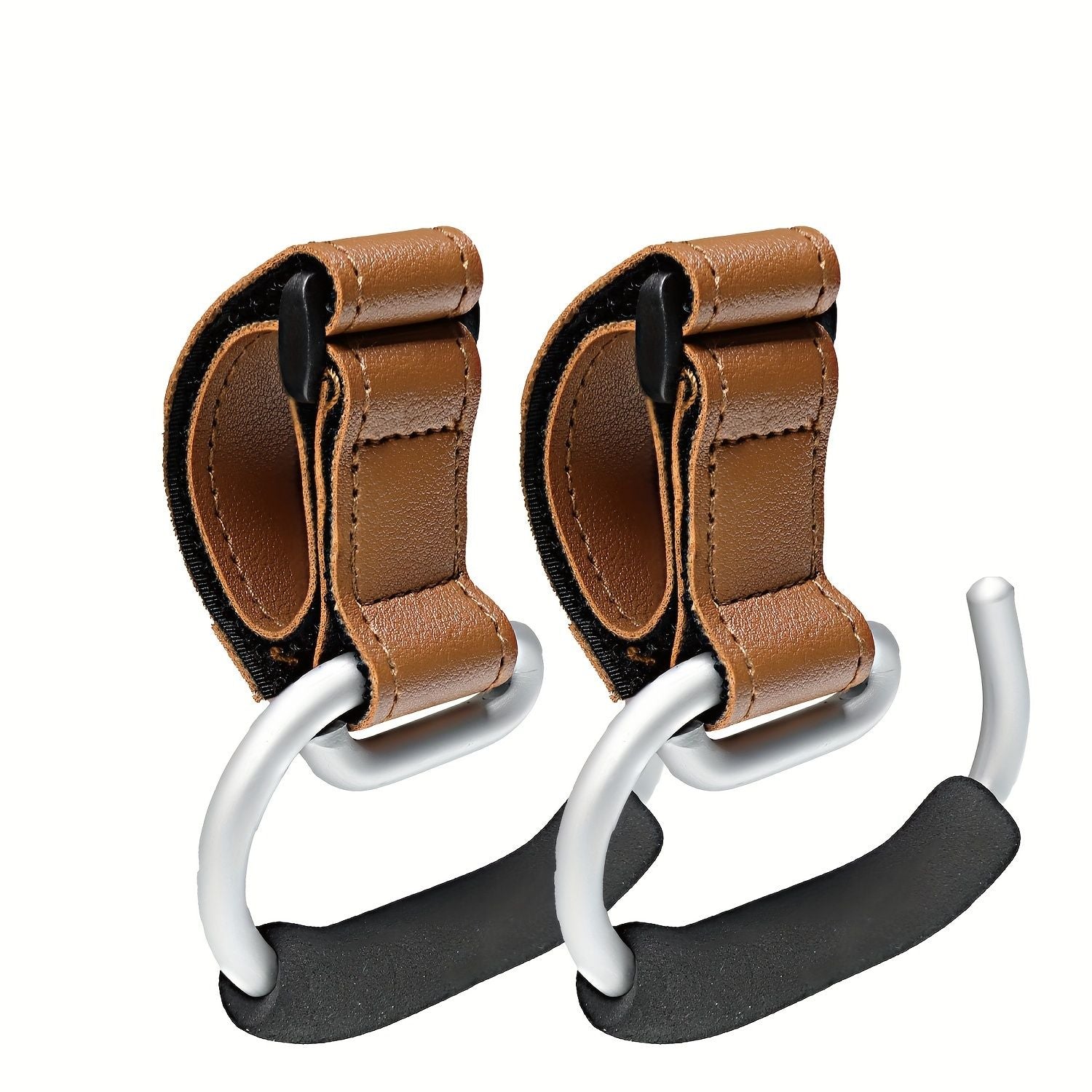 Universal Stroller Hooks with PU Leather Straps – Heavy-Duty Aluminum Baby Stroller Organizer for Hanging Bags, Purses, and Diaper Bags on Stroller Handles or Frames (Black)