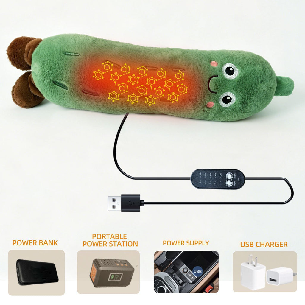 Cartoon Cucumber-Shaped USB Heated Plush Pillow, Soft Plush Body with Cute Embroidered Face, 5-Level Temperature Control and Timer, Ideal for Home, Car, Office, and Outdoor Camping Use (Green)