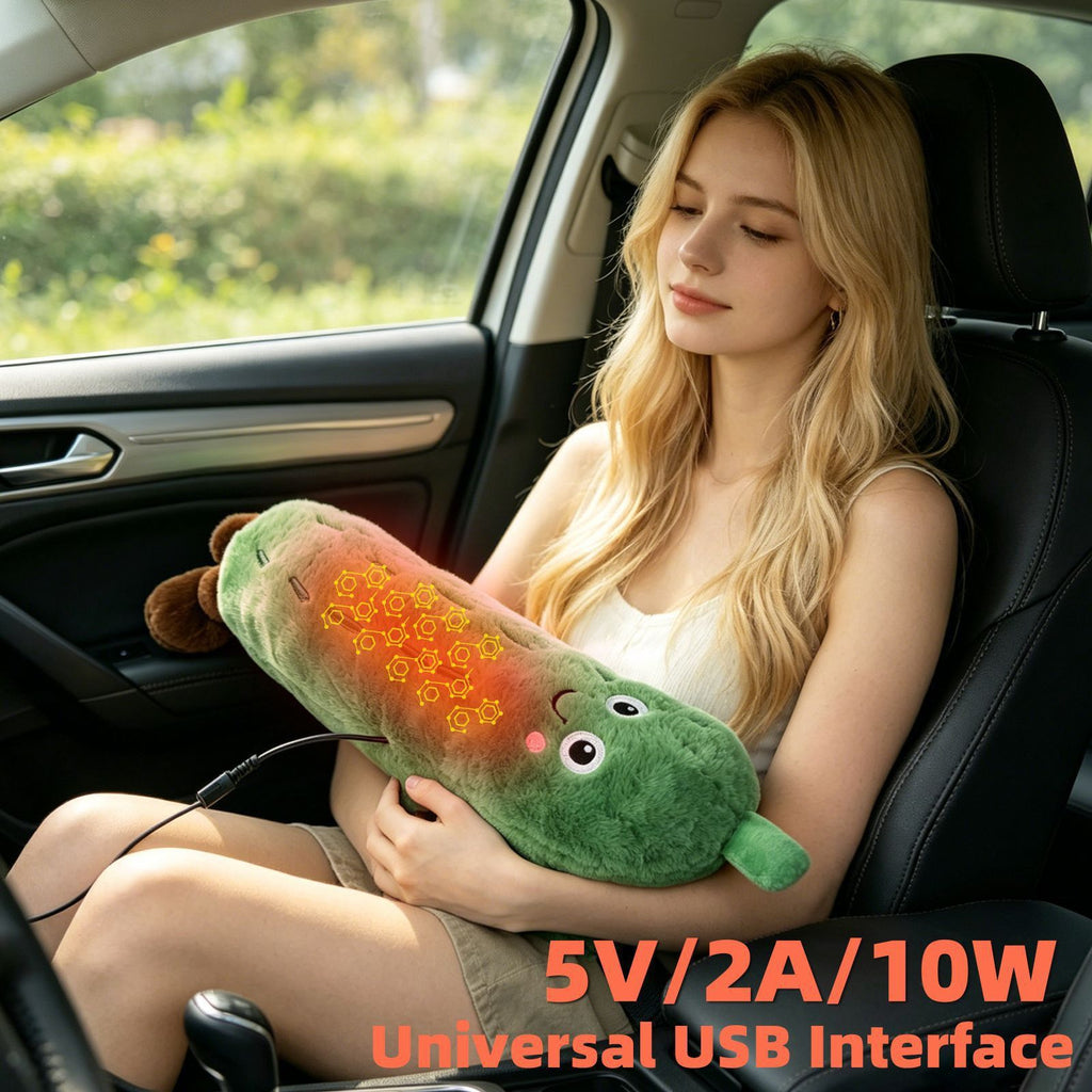Cartoon Cucumber-Shaped USB Heated Plush Pillow, Soft Plush Body with Cute Embroidered Face, 5-Level Temperature Control and Timer, Ideal for Home, Car, Office, and Outdoor Camping Use (Green)