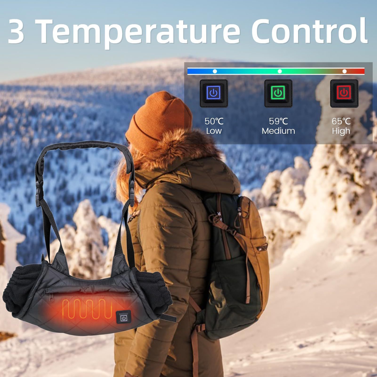USB-Powered Heated Hand Muff with 3-Temperature Control, Water-Resistant Quilted Design, Adjustable Neck Strap, and Zippered Pocket for Outdoor Winter Activities Like Ice Fishing, Camping, and Hiking (Black)