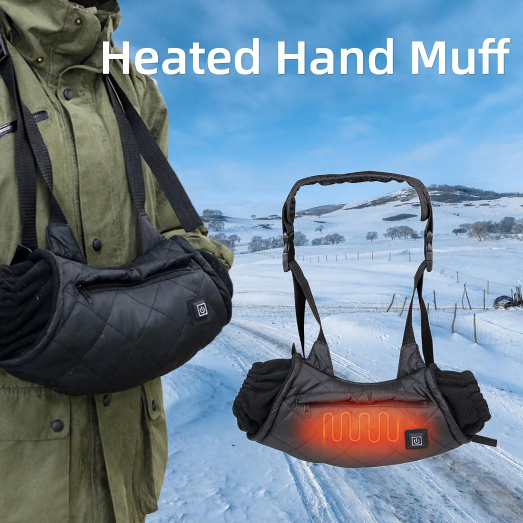 USB-Powered Heated Hand Muff with 3-Temperature Control, Water-Resistant Quilted Design, Adjustable Neck Strap, and Zippered Pocket for Outdoor Winter Activities Like Ice Fishing, Camping, and Hiking (Black)