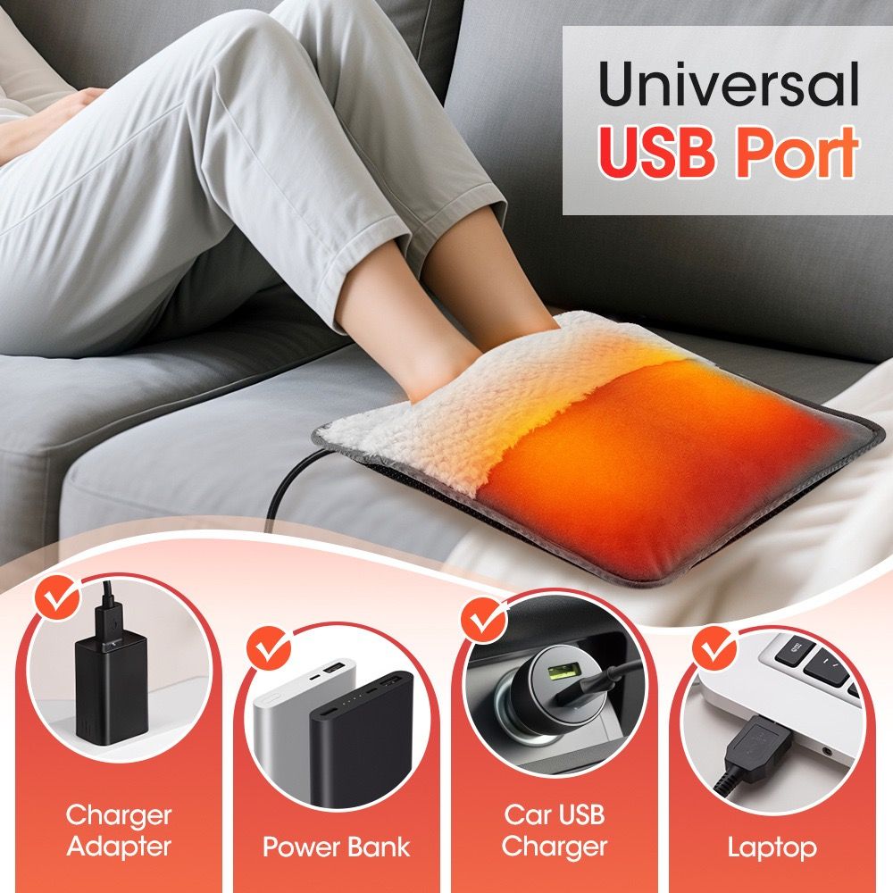 USB Heated Foot Warmer Pad – Ultra-Soft Crystal Velvet, Fast Heating & Constant 50°C, Portable for Home Office Car, Use with Power Bank Computer USB Ports, Multi-Purpose Warmth for Feet Knees Shoulders (Grey)