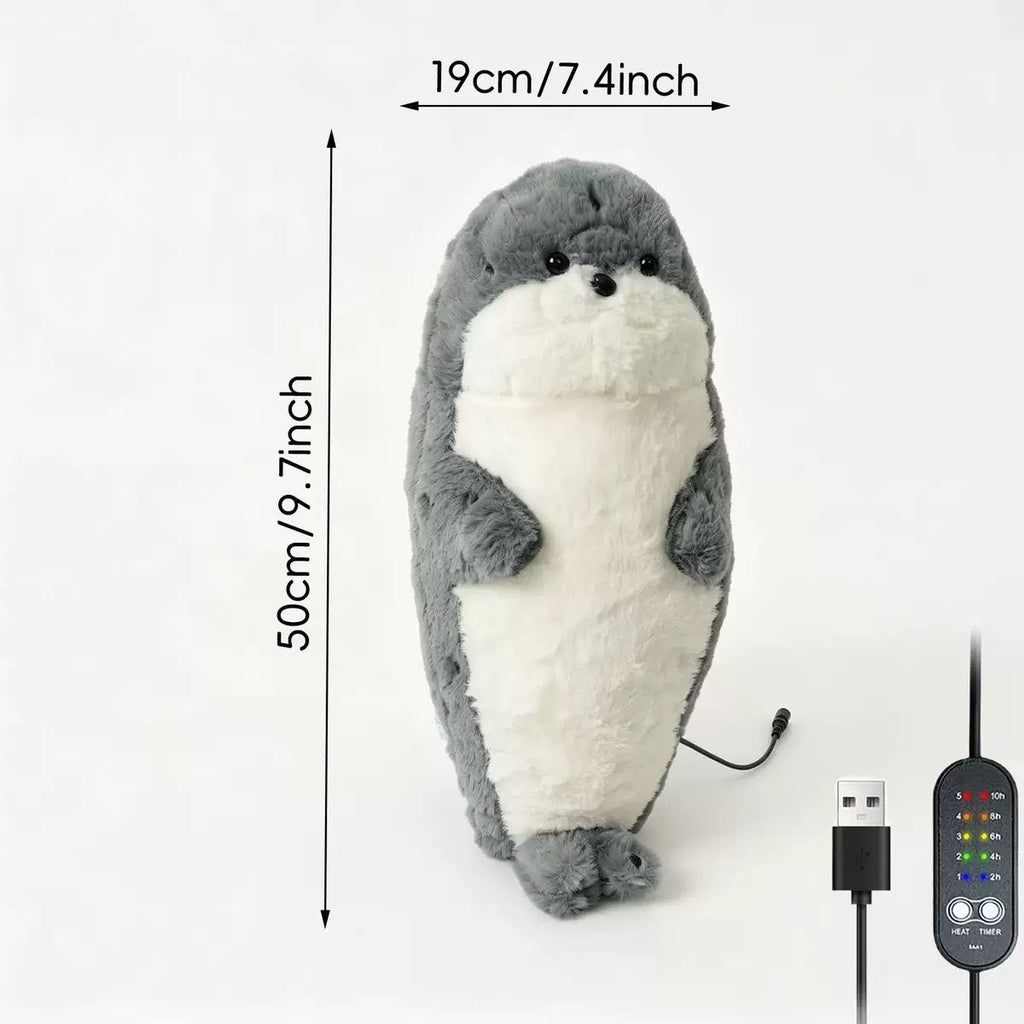 USB Heated Seal Plush Pillow with Temperature Control & Timer – Soft Fleece Warming Buddy for Bed, Couch, and Cozy Relaxation (Grey)