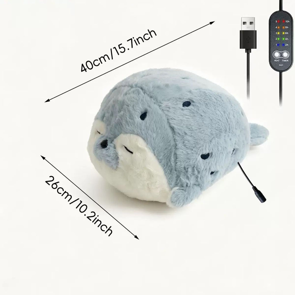 USB Heated Seal Plush Pillow with Temperature Control & Timer – Soft Fleece Warming Buddy for Bed, Couch, and Cozy Relaxation (Lying Seal Plush(Blue))
